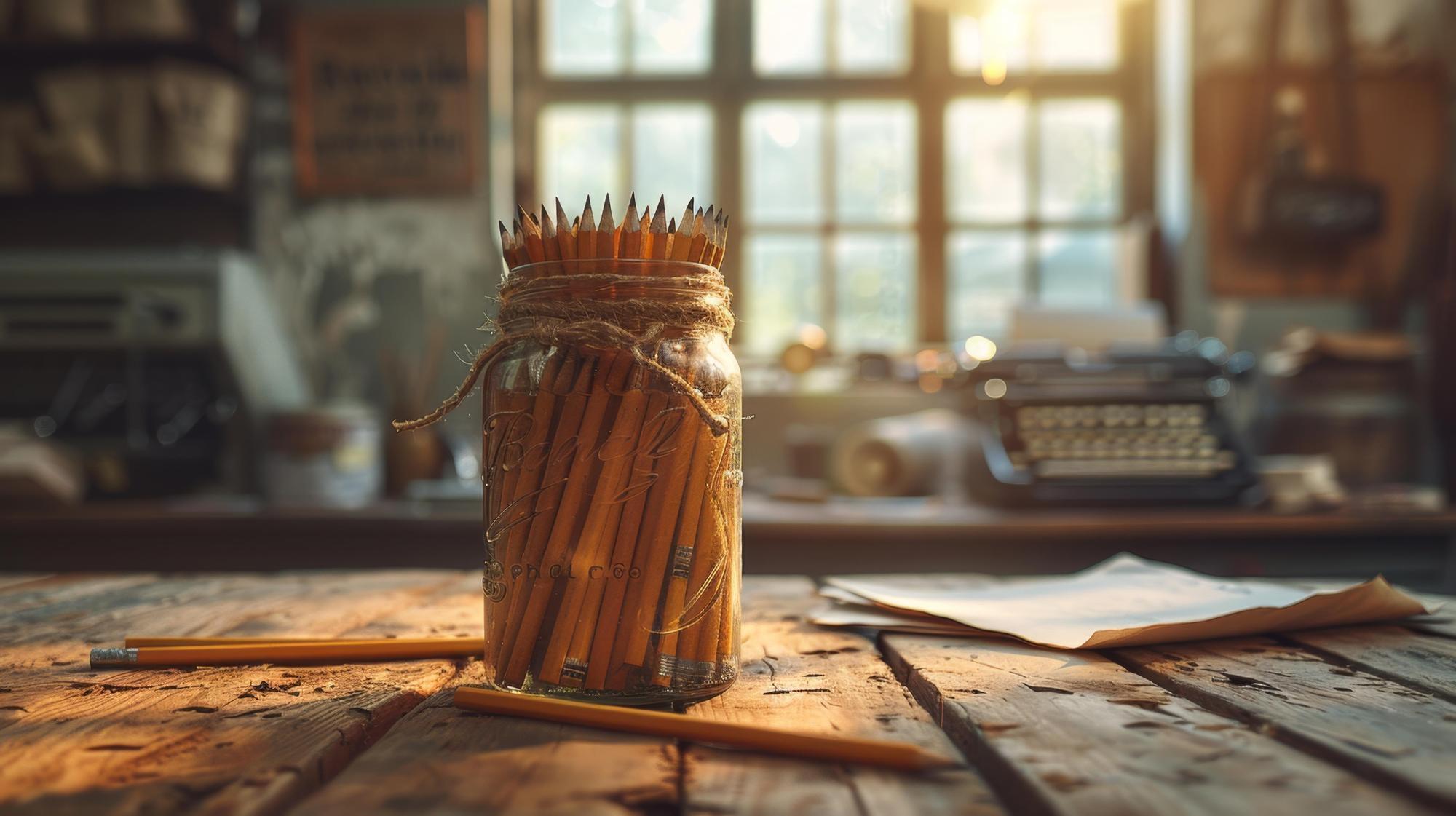 Small workshop table with jars and notes